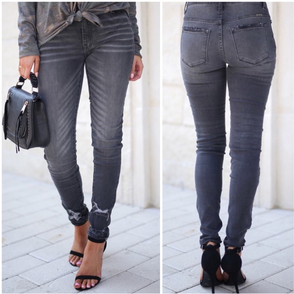 Denim - Gray Distressed Destroyed Whiskered Skinny Jeans